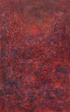 "Untitled - Red, from the Storm Series" Red textured painting with distant sun