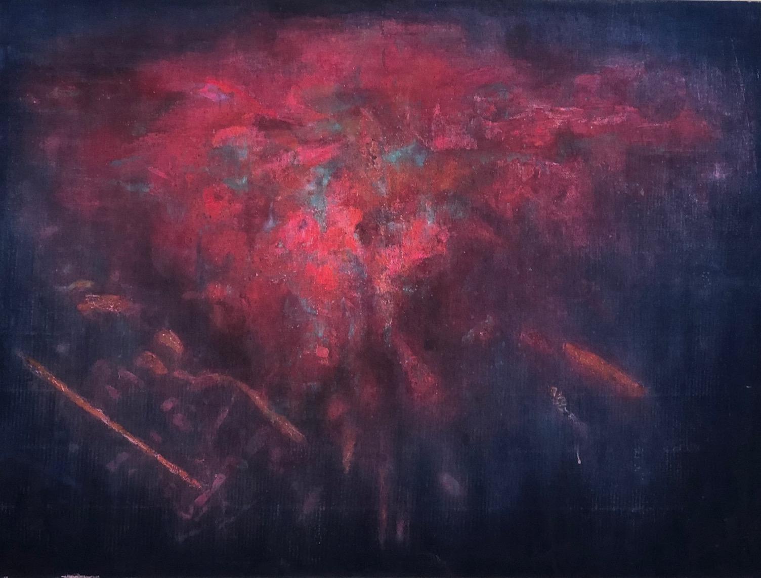Augustus Cross Abstract Painting – ""Untitled"" Dunkelblau, leuchtendes Rosa und türkisfarbene Explosion im Raum