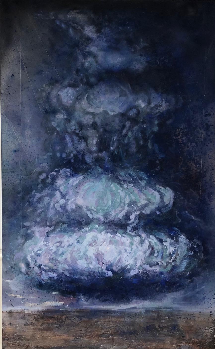 Augustus Cross Abstract Painting - "Storm - from the Disaster Series" Climate explored with blue and royal cloud