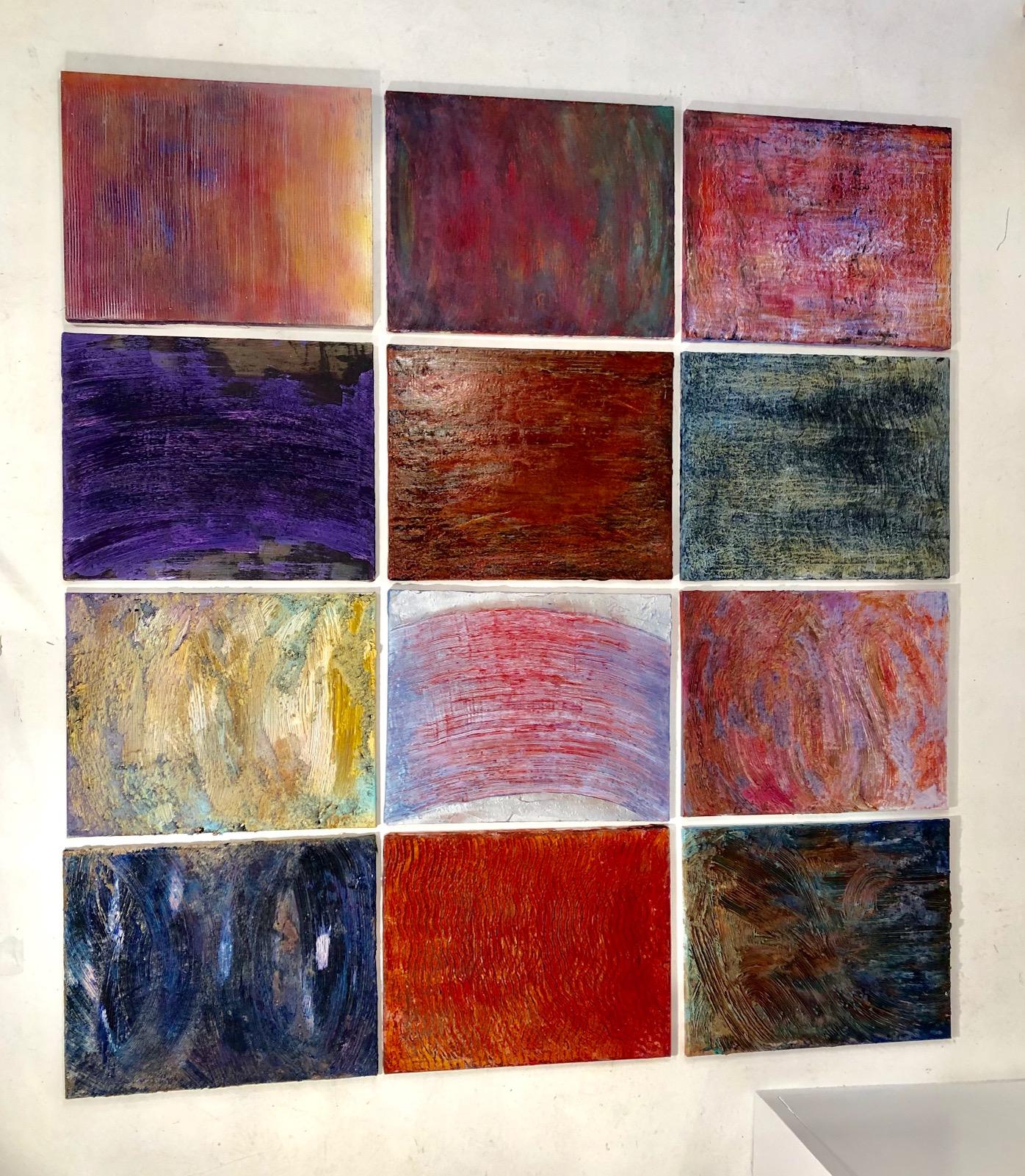 This collection of highly textured, colorful, small paintings is sold as a group or individually. The flexibility that the space between the paintings can offer will expand to fill a large space, or can be hung side by side down a corridor to
