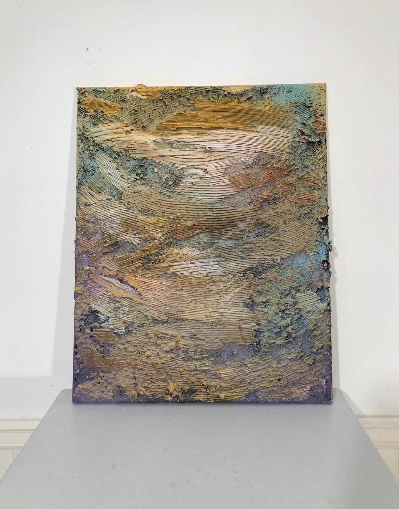 This collection of highly textured, colorful, small paintings is sold as a group or individually. The flexibility that the space between the paintings can offer will expand to fill a large space, or can be hung side by side down a corridor to