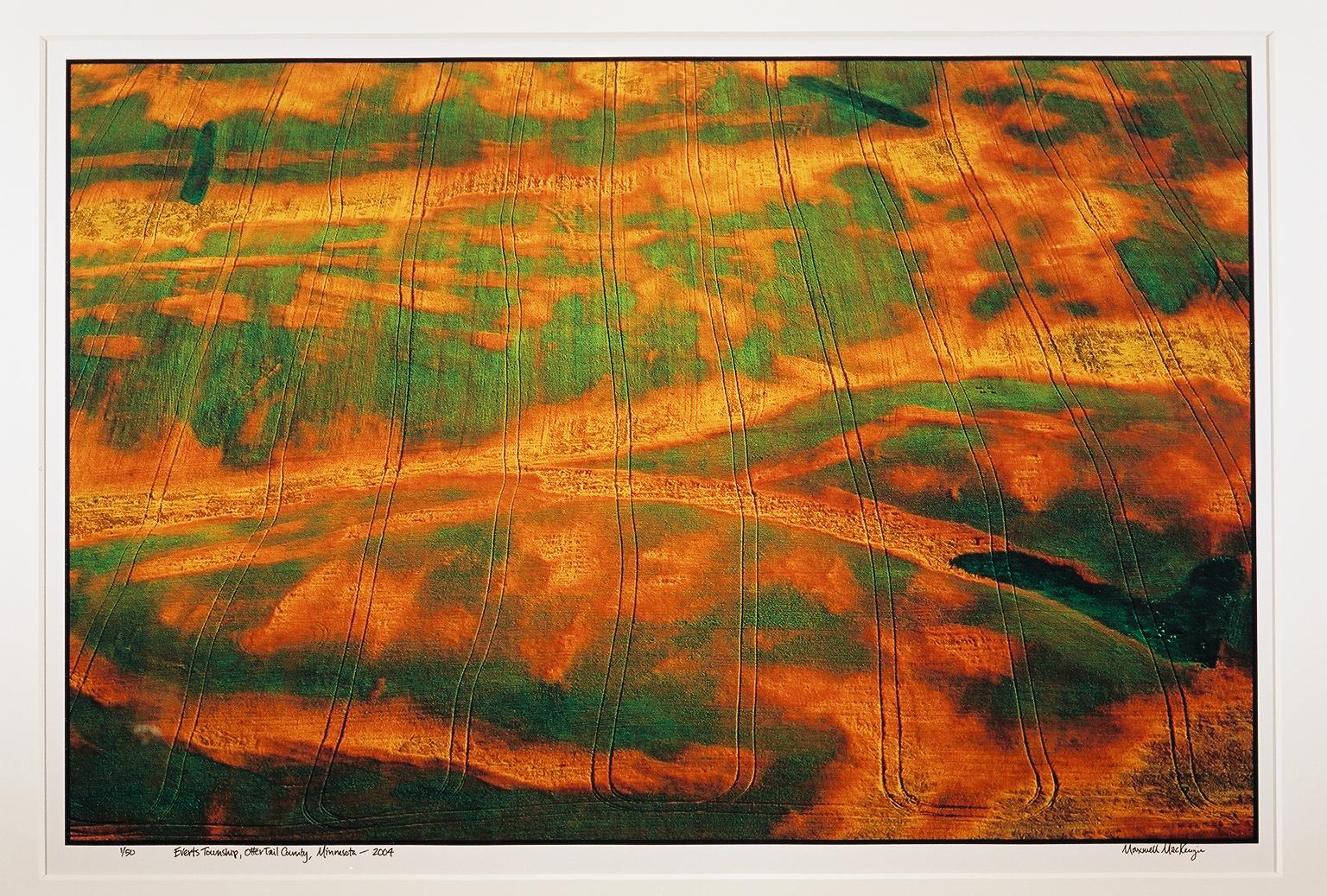 Maxwell Mackenzie Landscape Photograph - "Everts Aerial, Otter Tail CO, MN" patterns with green and orange paint fields