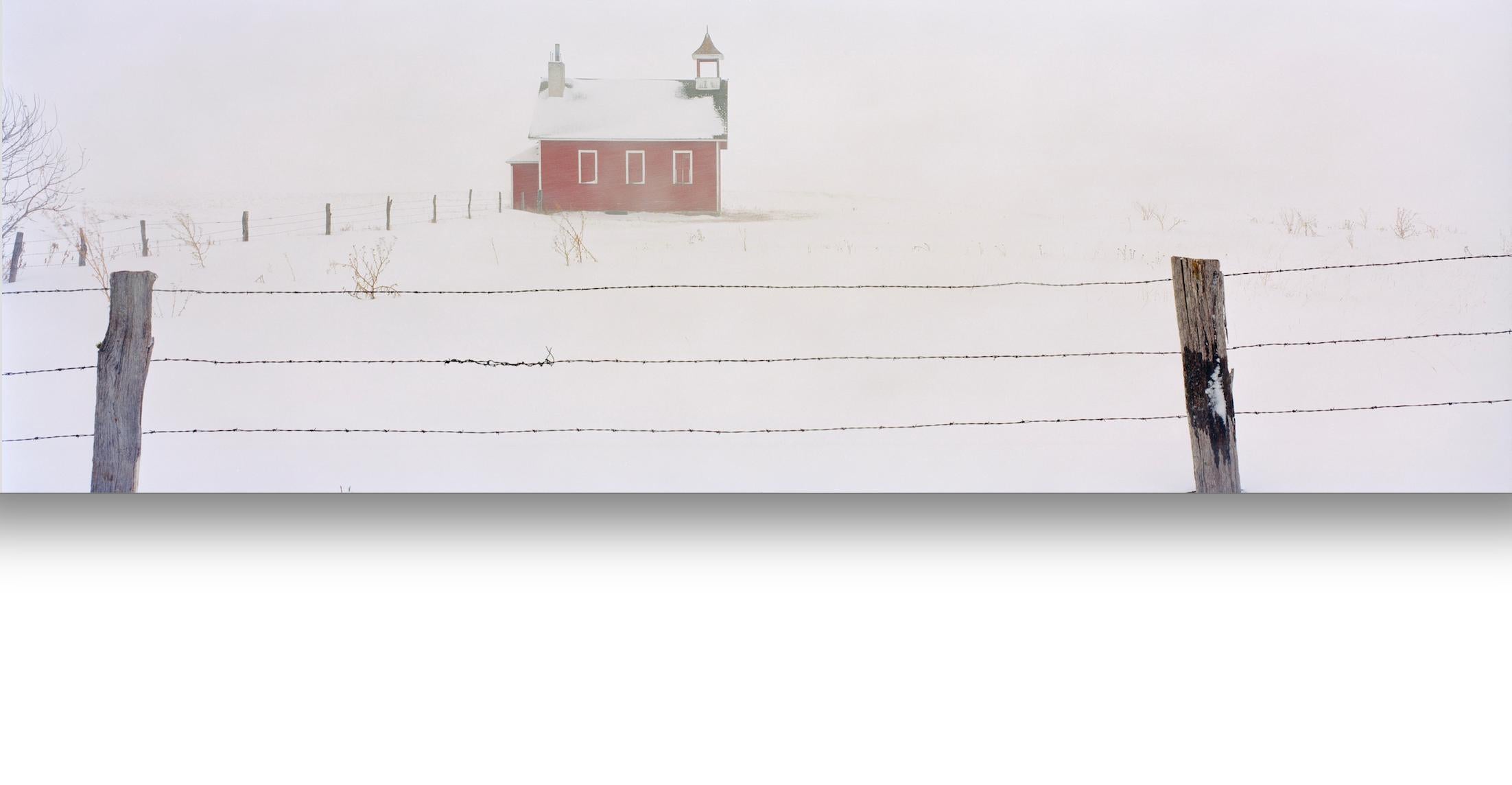 Maxwell Mackenzie Color Photograph - "Everts Township Schoolhouse winter" Stark panorama of school in snow on prairie