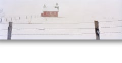 "Everts Township Schoolhouse winter" Stark panorama of school in snow on prairie