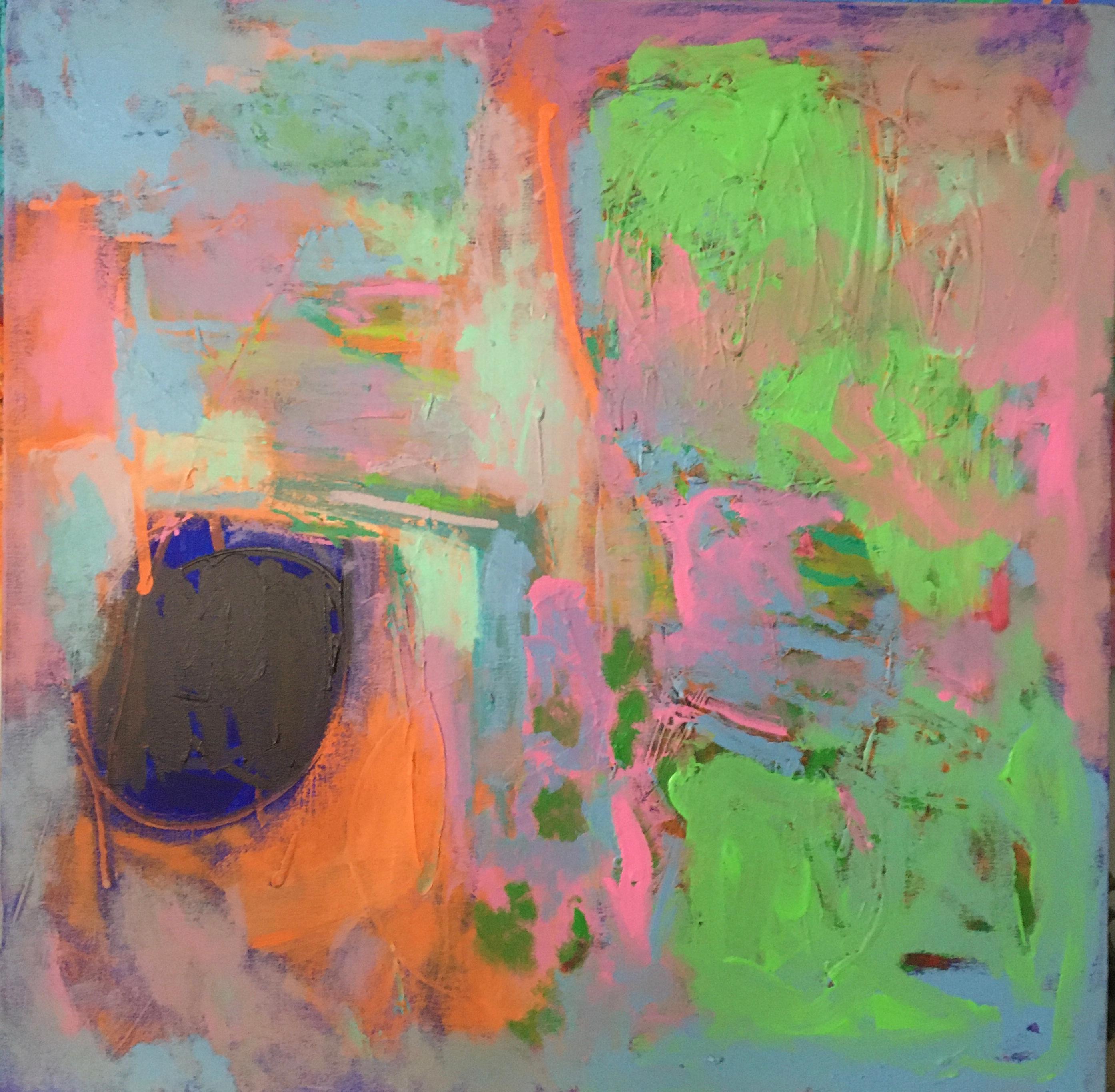 John Blee Abstract Painting - "Charbagh/Darkmoon" Pinks and Lime greens of spring delight in abstract painting