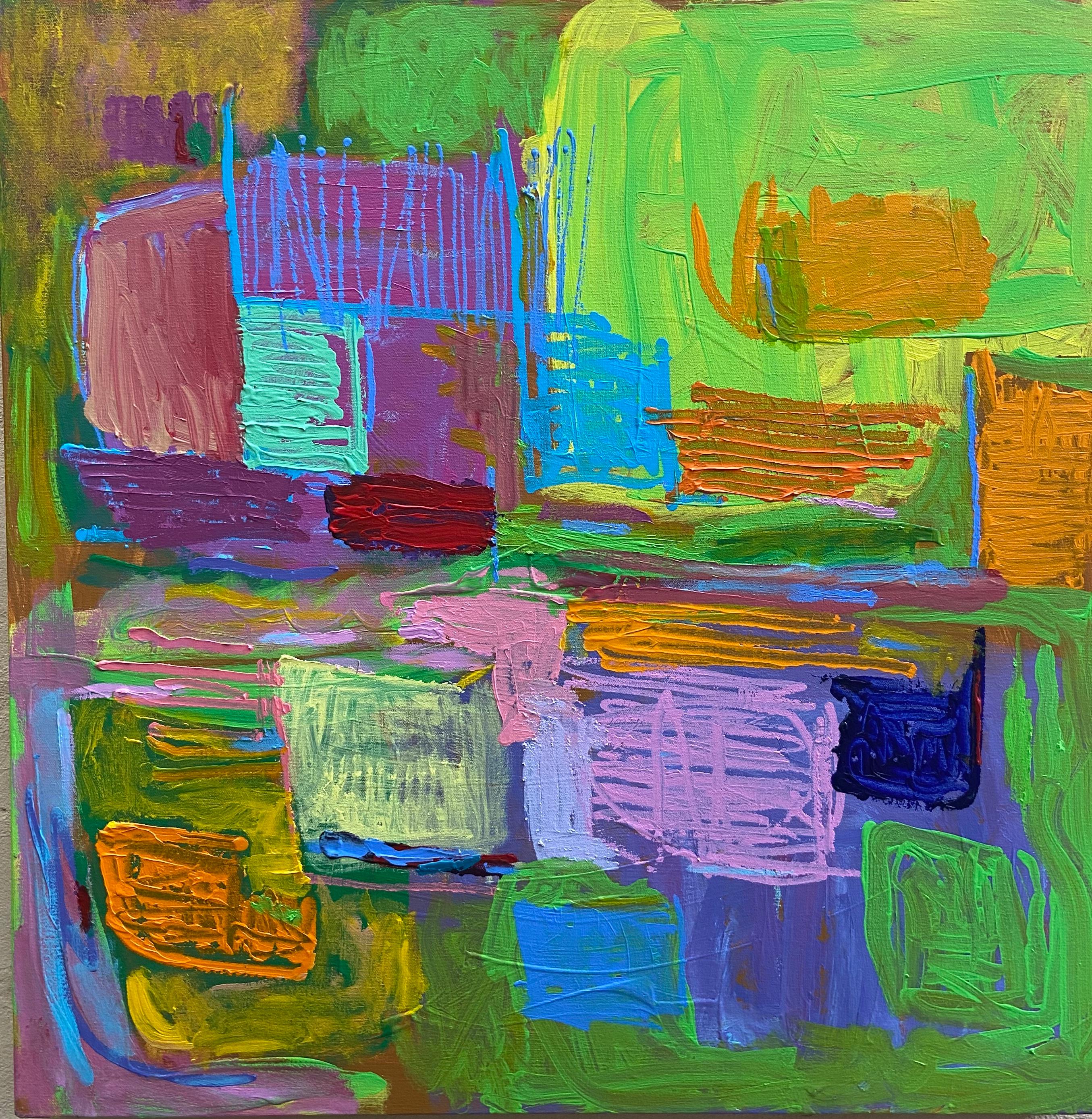 John Blee Abstract Painting - "Lodi Charbagh" Color extravaganza of floating squares lime green lavender blue