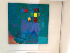 "Vergier D'Aix" Large square abstract aqua painting with lush brushstrokes