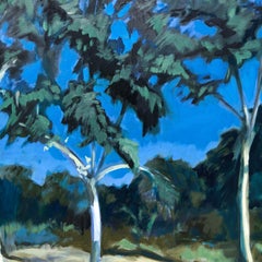 "Full Moon in the Clearing" Night painting with trees in the blue moonlight