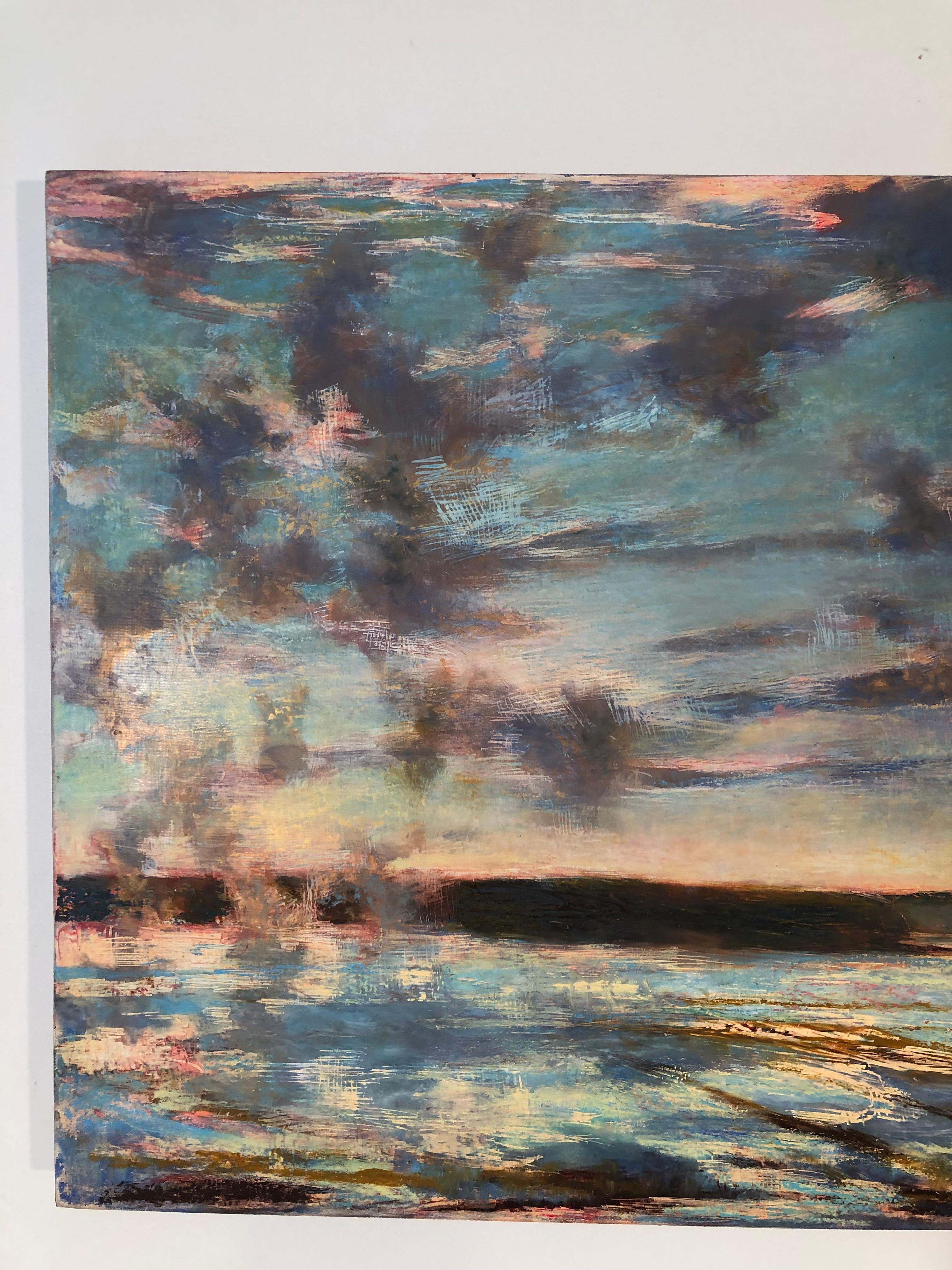 Mary Armstrong's airy landscape views capture the sense of light and atmosphere in the Maine coastline as much as the topography. Her subtle colors layered with wax create a texture of marks scratching through to the under-painted panel. These