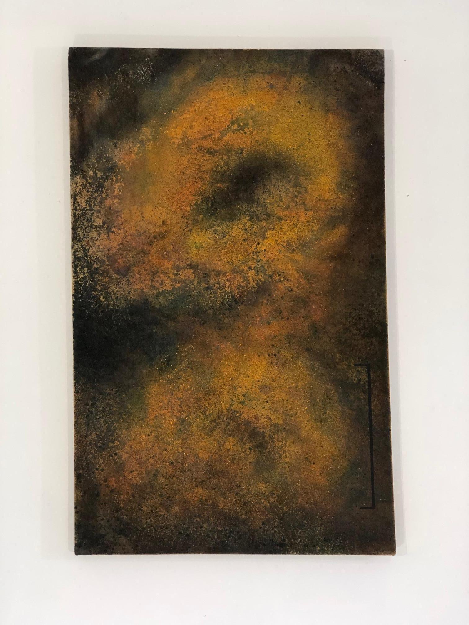 Augustus Cross Abstract Painting - "Untitled from the ENSO Series" Orange and black particles create deep space