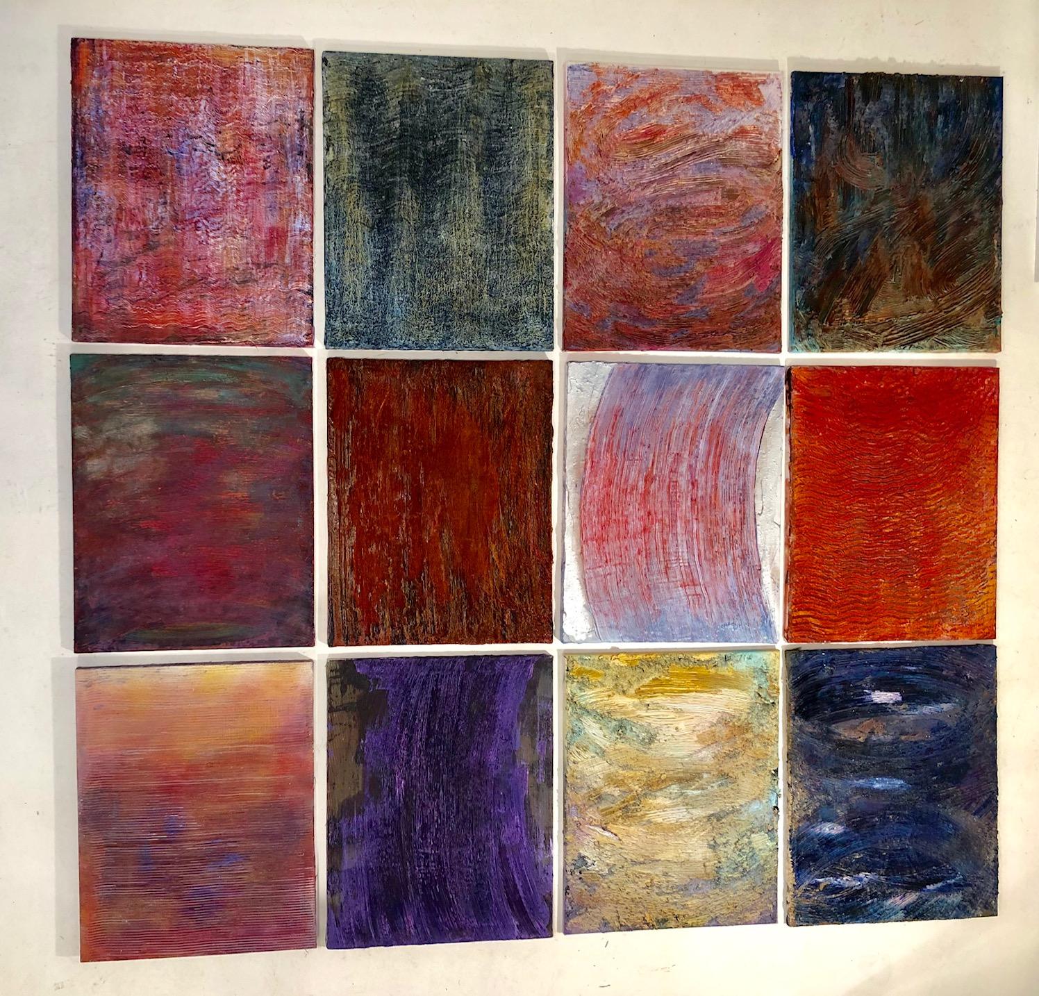 Augustus Cross Abstract Painting - "Untitled - Orange waves" 12 textured colorful paintings in grid or solo