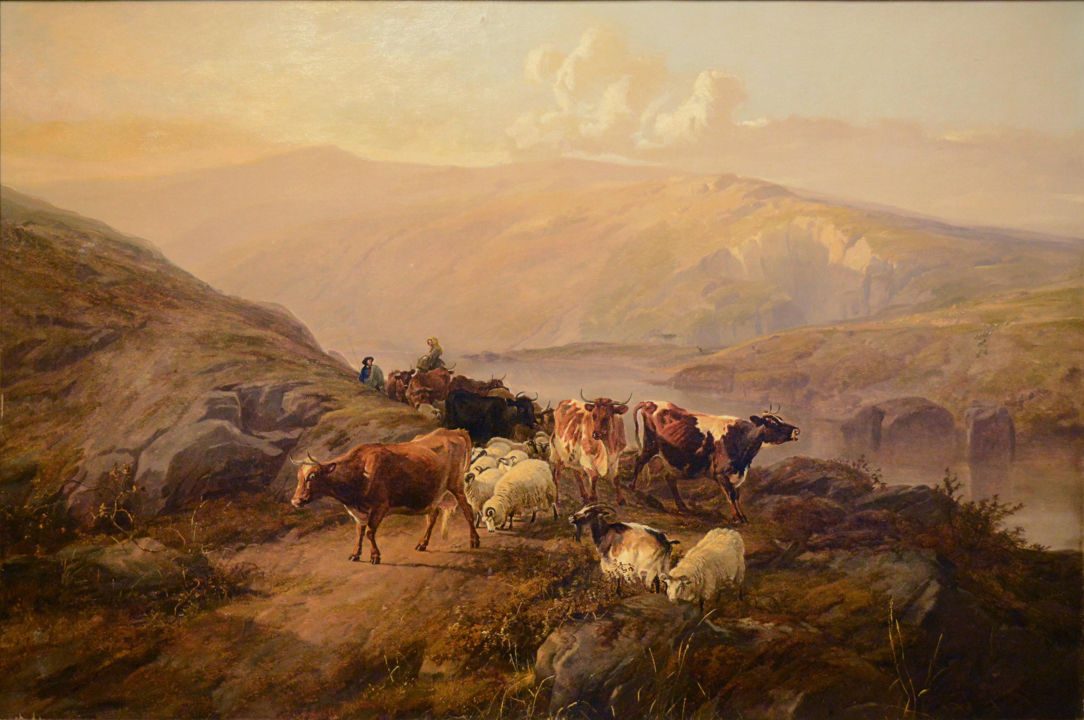 Thomas Sidney Cooper Landscape Painting - Academic landscape, "Drover with Cattle and Sheep"