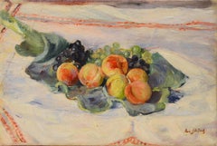 Impressionist still life painting of peaches and grapes, by Paule Gobillard