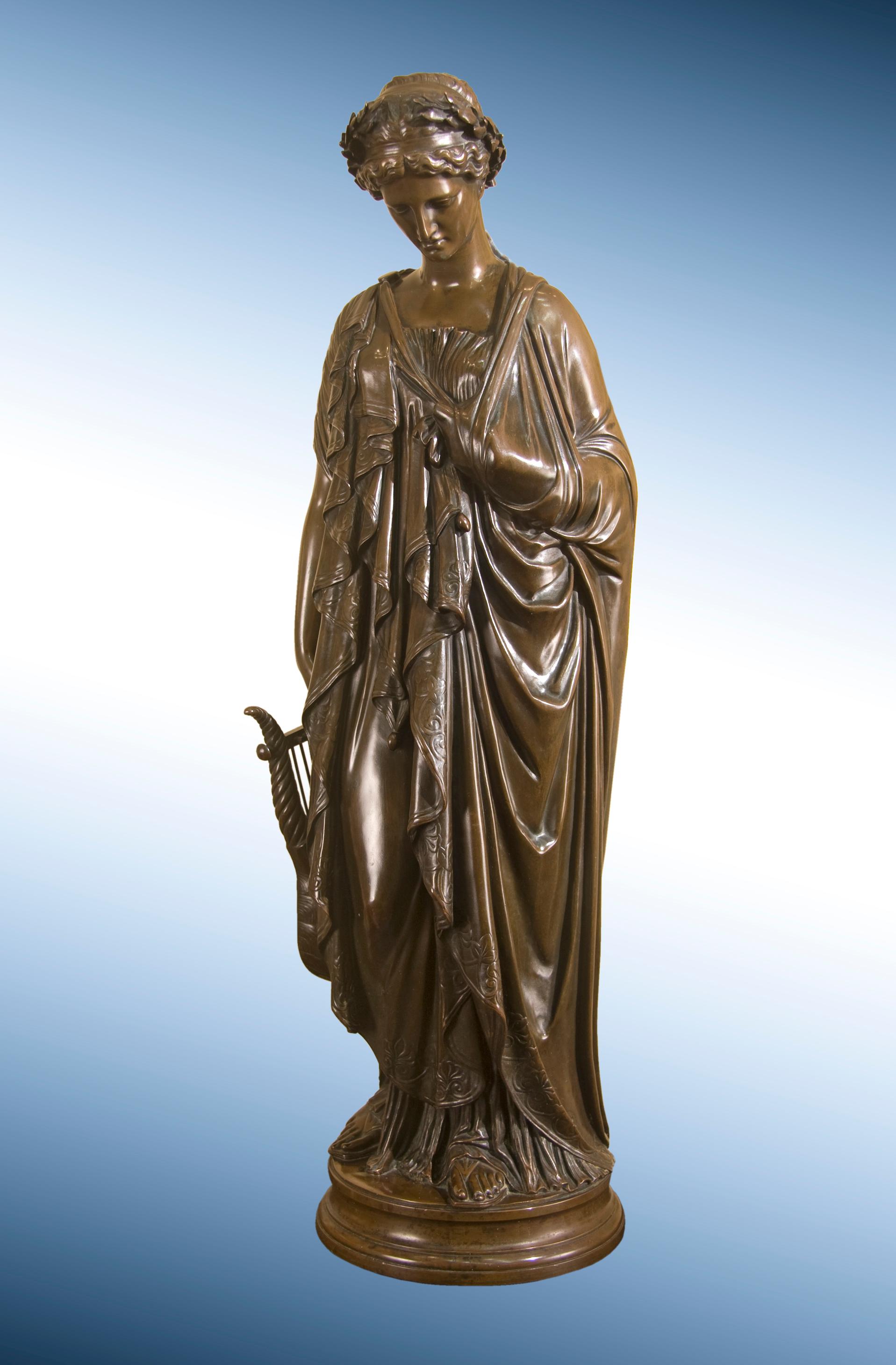 Jean-Baptiste Auguste Clésinger Figurative Sculpture - Bronze Sculpture of Grecian Woman with Lyre, "Meditative Sappho"