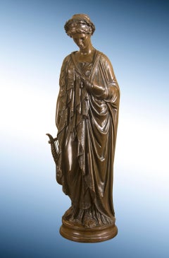 Bronze Sculpture of Grecian Woman with Lyre, "Meditative Sappho"