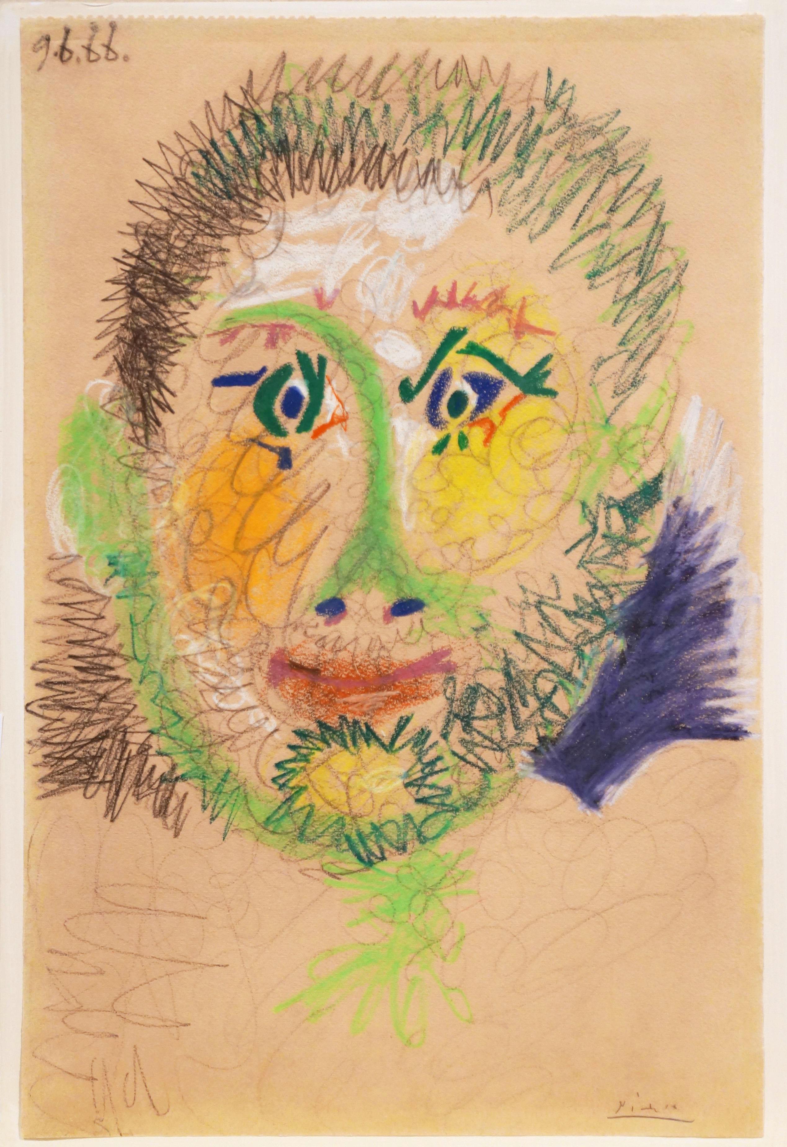 Pablo Picasso Portrait – Original crayon drawing by Picasso, titled Tête d’homme (9 June 1966)