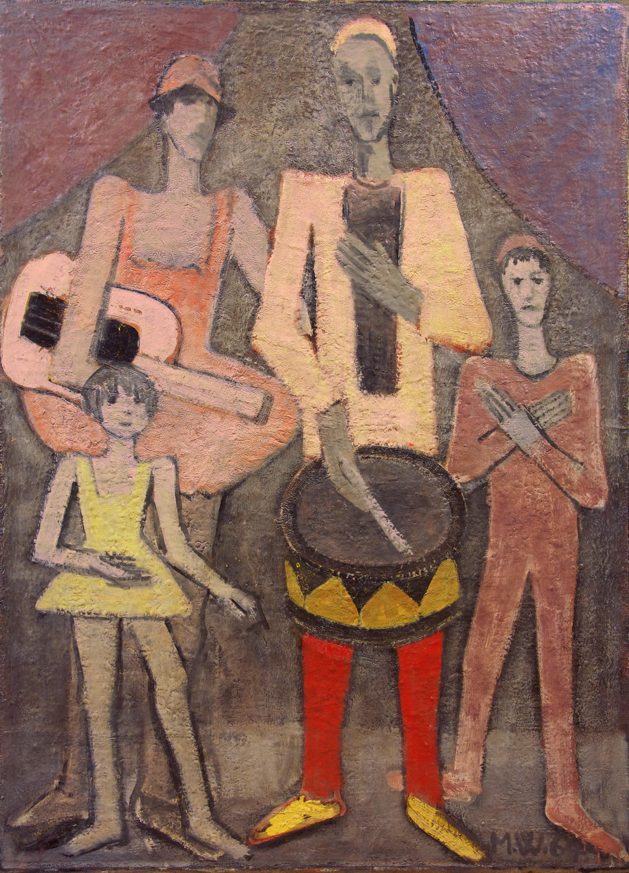 Michel Wagner Figurative Painting - Mid-Century modern cubist painting by Wagner, Titled "The Jester Family"