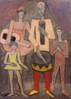 Mid-Century modern cubist painting by Wagner, Titled "The Jester Family"