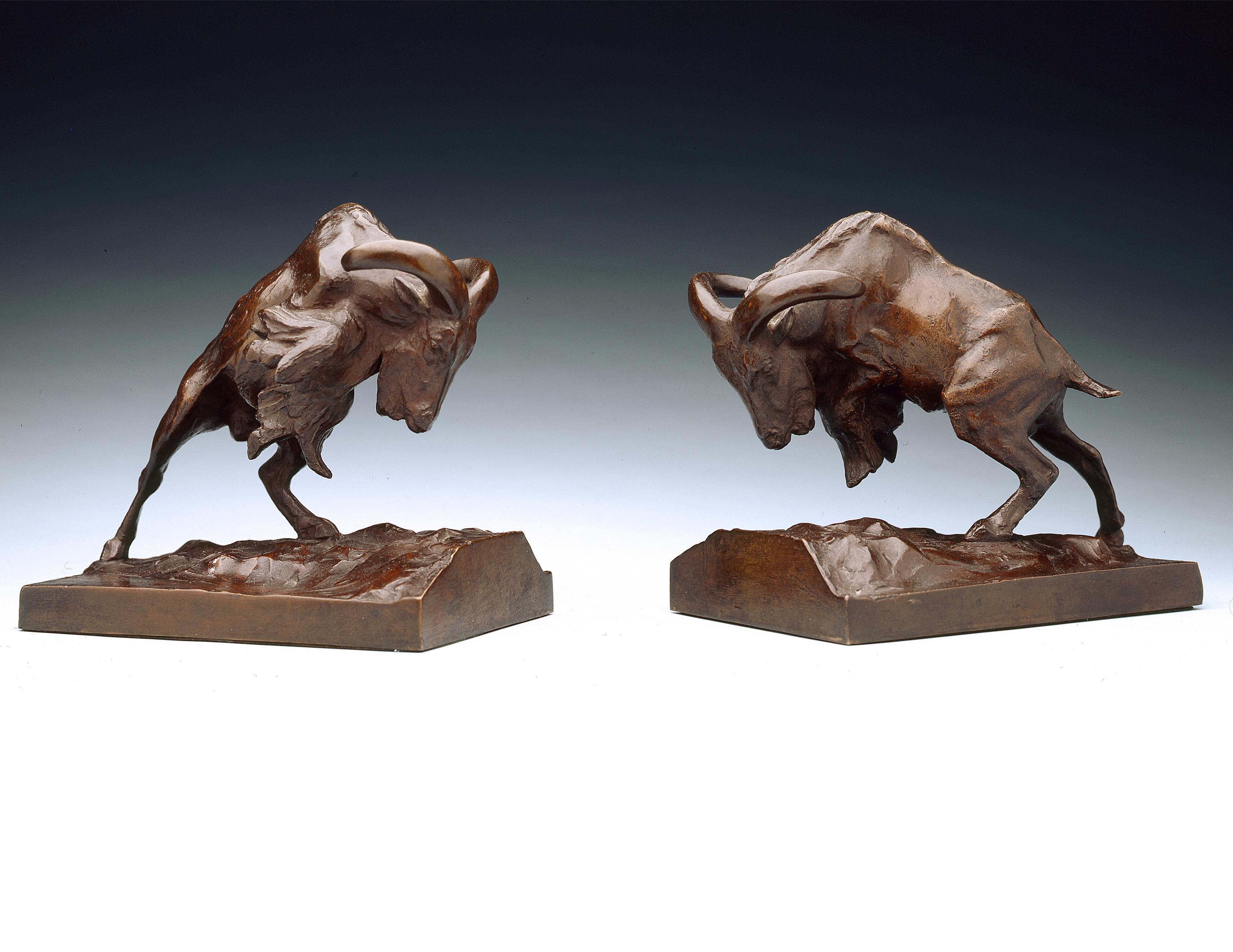 Charging Mountain Goats bronze bookend pair by artist, Anna Hyatt Huntingon - Sculpture by Anna  Vaughn Hyatt Huntington