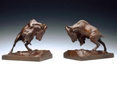 Charging Mountain Goats bronze bookend pair by artist, Anna Hyatt Huntingon