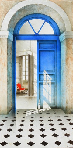 Contemporary painting of Architectural Interior by Gazier, titled "Porte bleue"