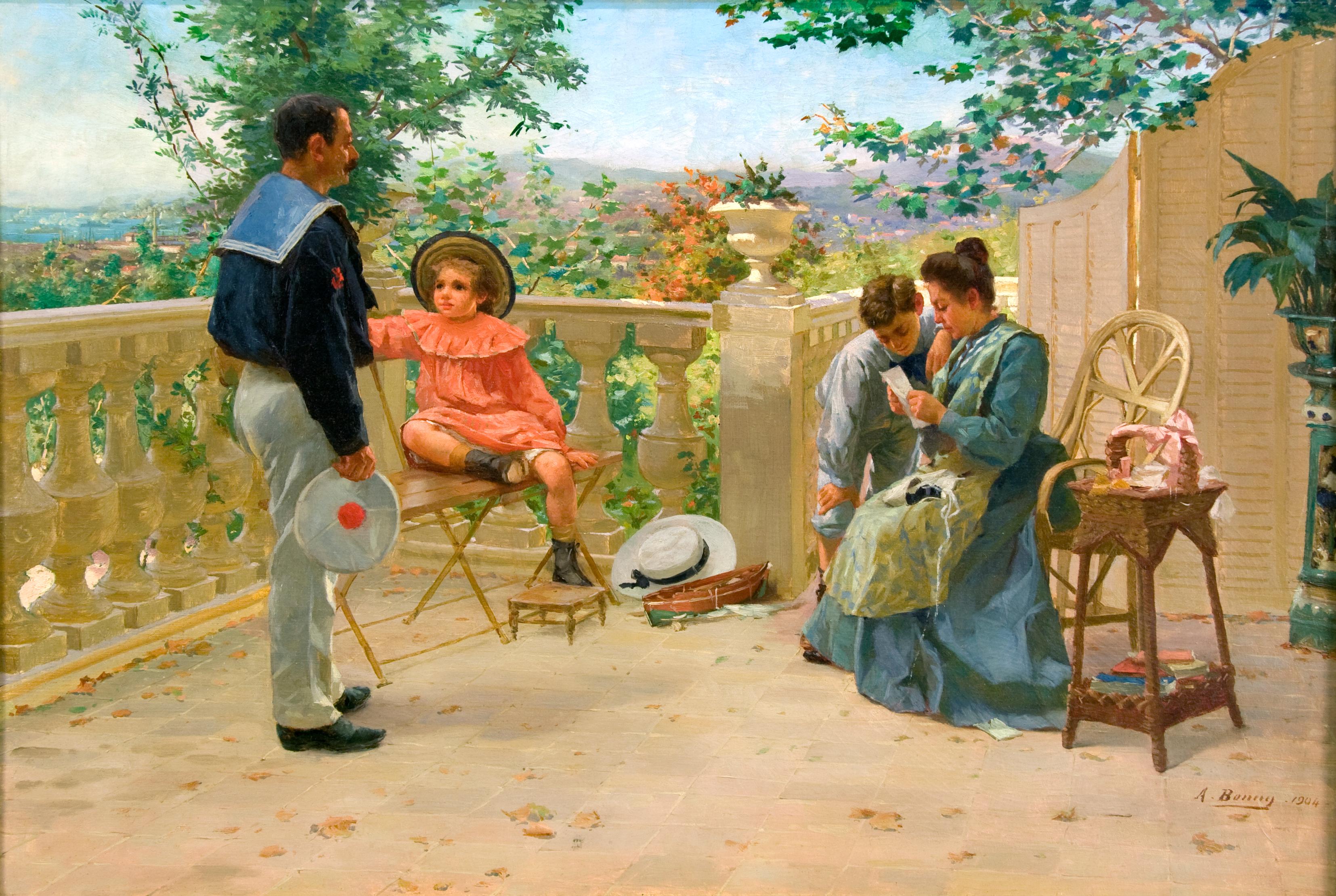 Adolphe Bonny Figurative Painting - Painting of a Sailor and his family on a terrace, titled "Reading the Letter"