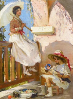Young Woman with Umbrella and her Child