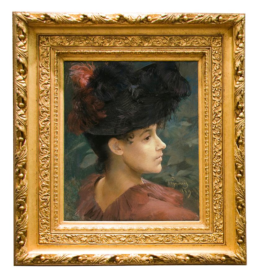 Pastel Portrait of Victorian Woman with a Feathered Hat - Art by Vojtech Hynais