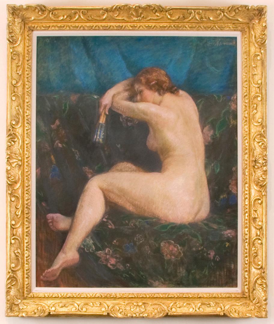 Kronberg Pastel on Canvas, "Female Nude with Fan" - Art by Louis Kronberg