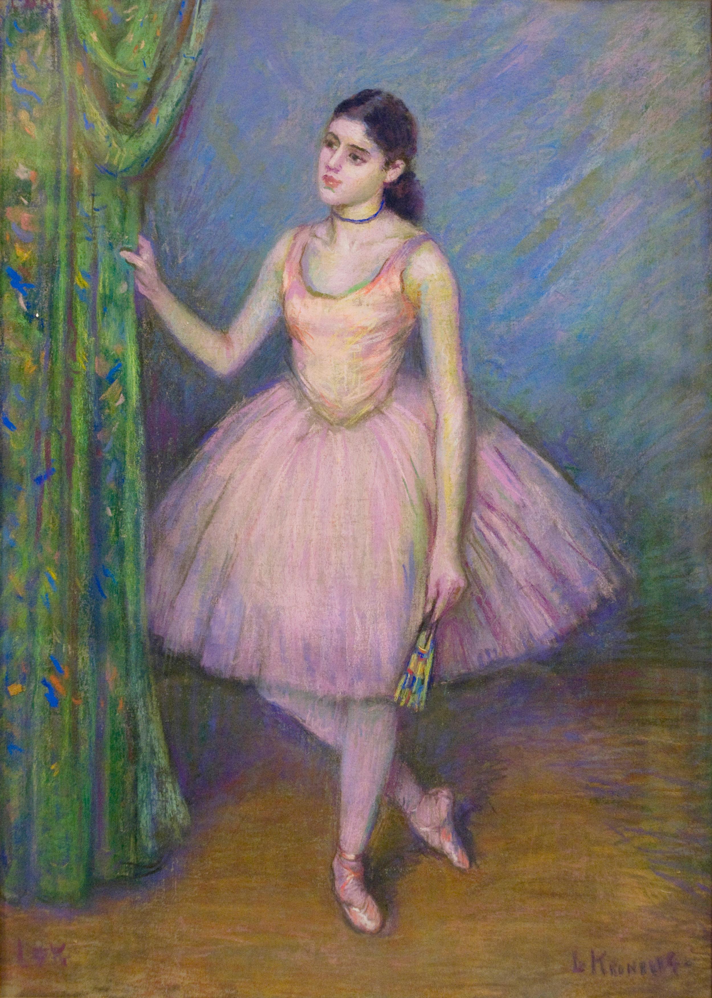 Louis Kronberg Figurative Art - Impressionist Ballerina Pastel, "Dancer in Pink in front of Green Curtain"