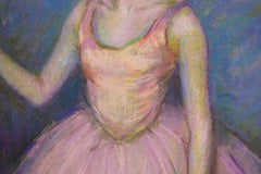 Impressionist Ballerina Pastel, "Dancer in Pink in front of Green Curtain"