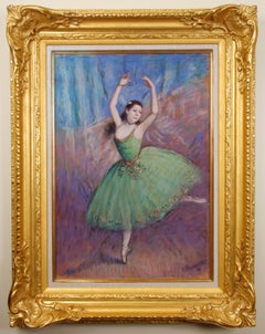 Impressionist Ballerina Pastel on Canvas, "Dancer in Green"