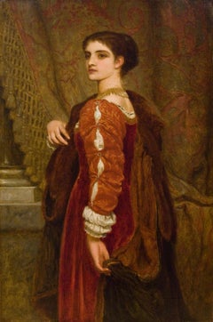 Pre-Raphaelite Portrait of Woman in Red by Perugini, titled "A Sideways Glance"