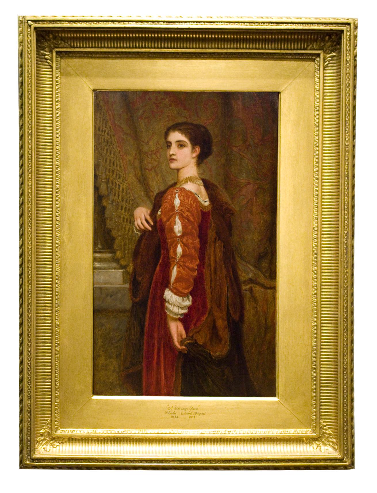 Charles Edward Perugini Portrait Painting - Pre-Raphaelite Portrait of Woman in Red by Perugini, titled "A Sideways Glance"