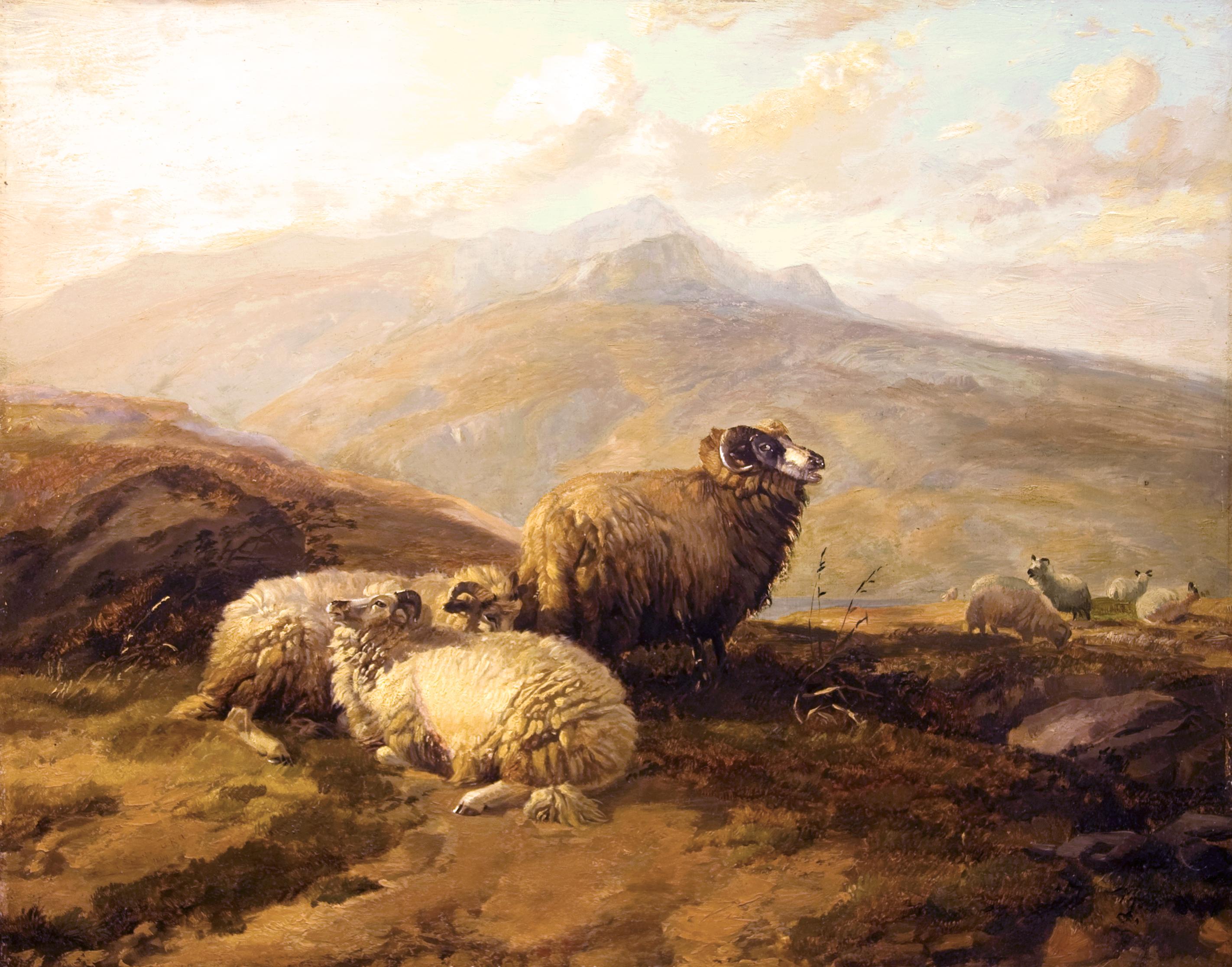 Thomas Sidney Cooper Animal Painting - 19th Century Academic landscape, "Highland Sheep"