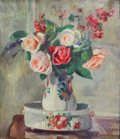 Impressionist still life painting of floral roses, by Paule Gobillard