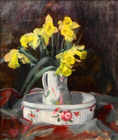 Antique Impressionist still life painting of floral daffodils, by Paule Gobillard