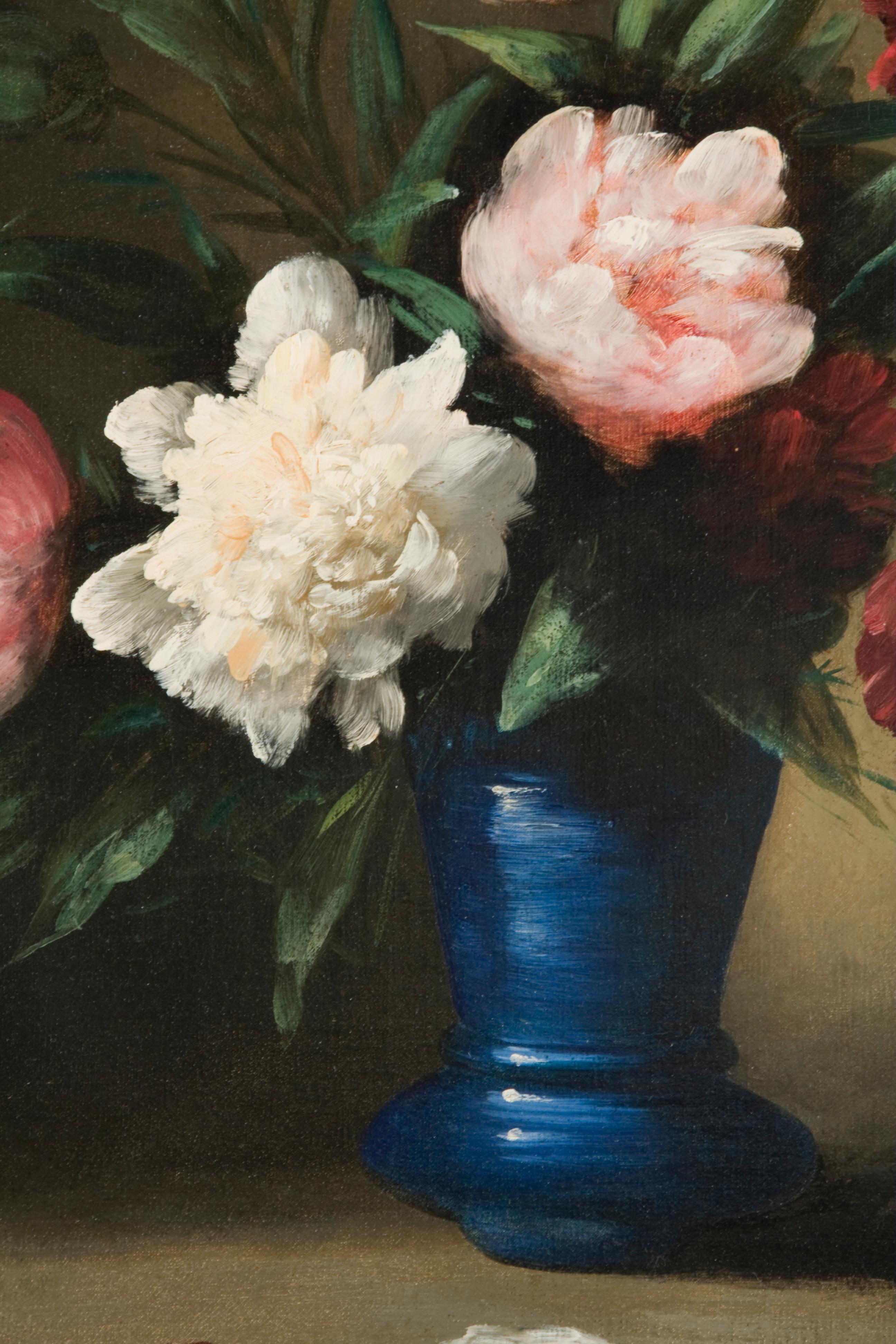 Floral Still-Life, Peonies in Blue - Painting by Germain Theodore Ribot