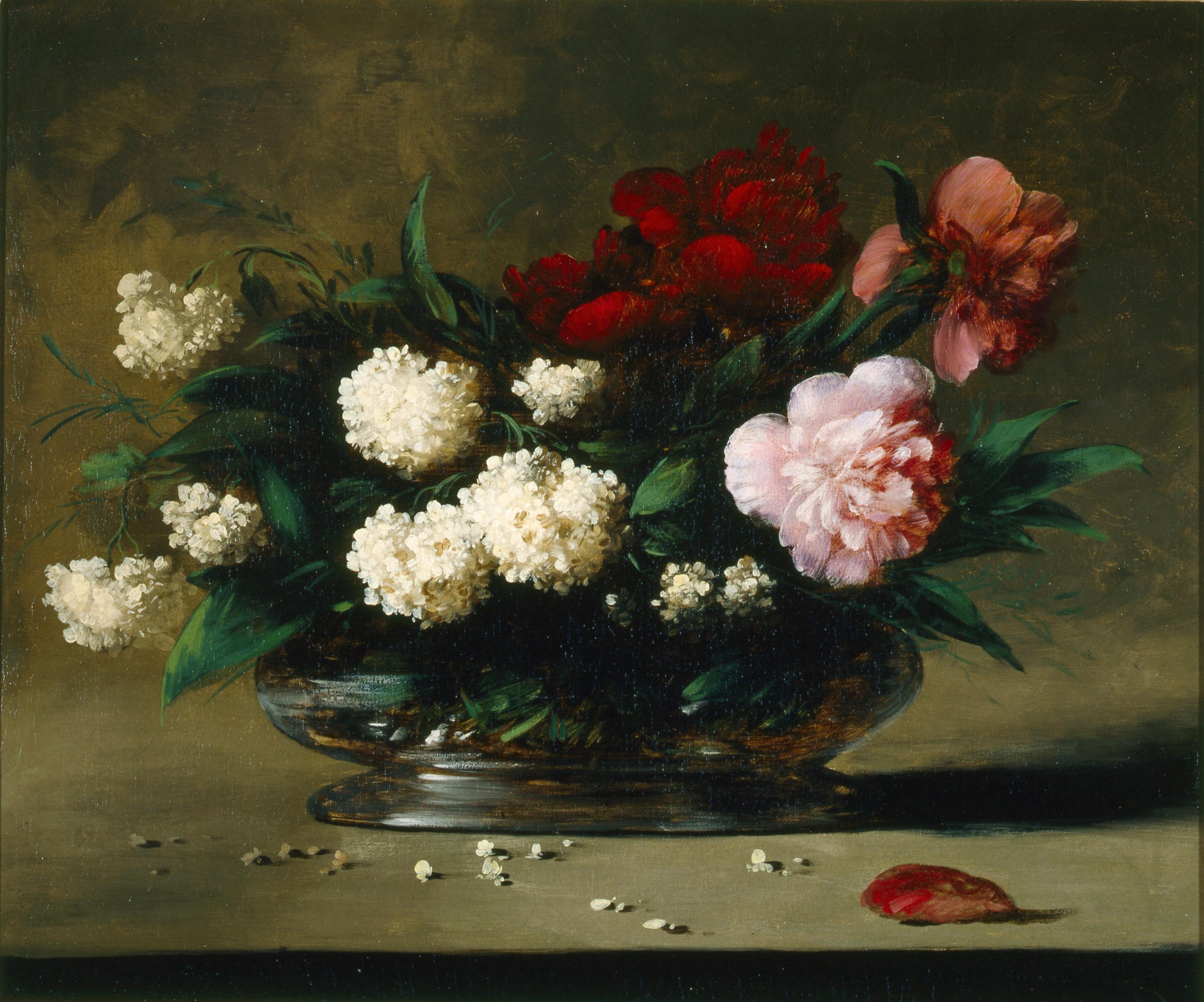 Germain Theodore Ribot Still-Life Painting - Floral Still-Life, A vase of Roses and Lilacs