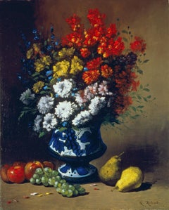 Nature morte florale avec un fruit sur un rebord