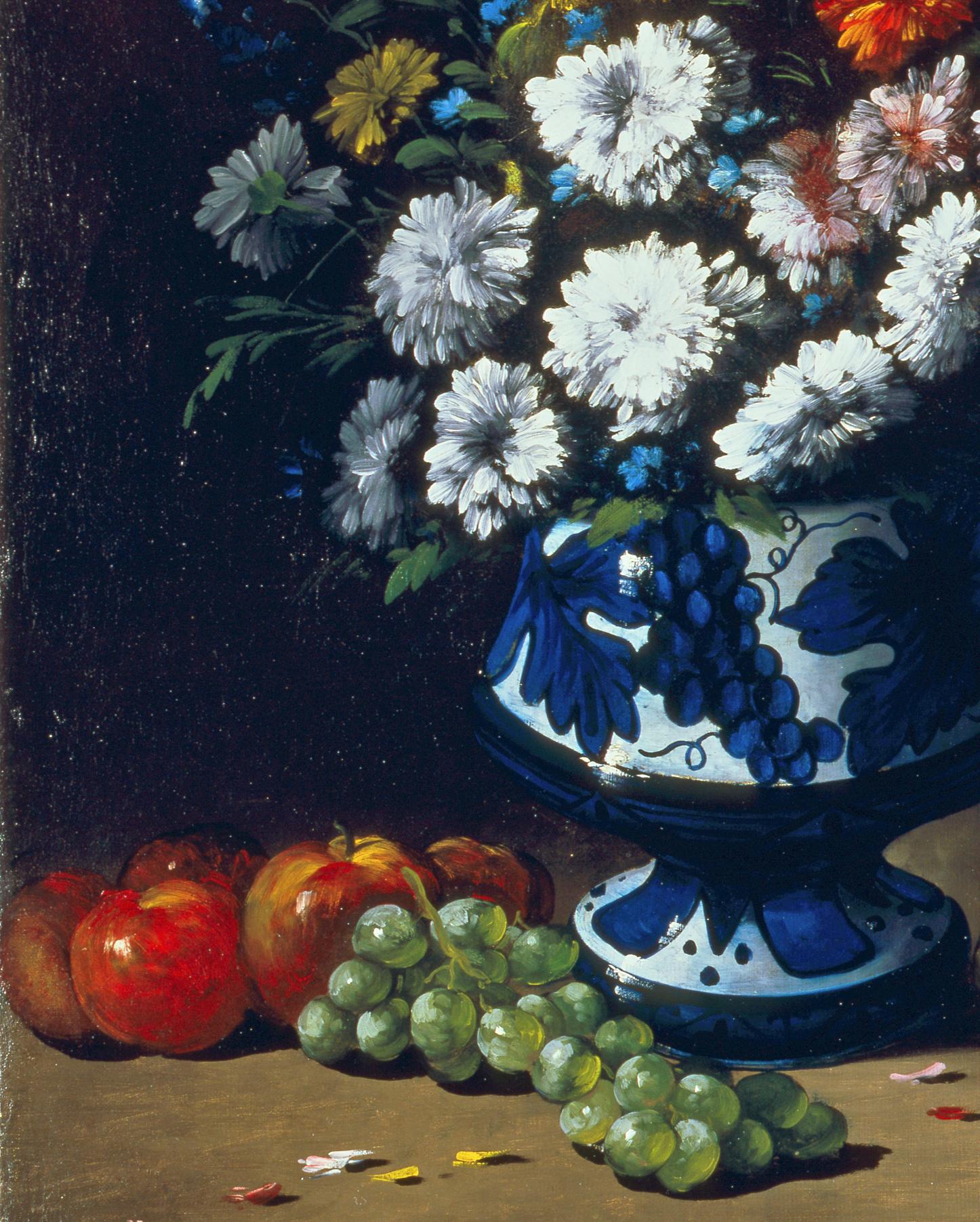 Floral Still-Life with Fruit on a Ledge - Painting by Germain Theodore Ribot