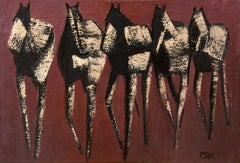 Mid-Century modern cubist horse painting by Wagner, Titled "Pferdegruppe"