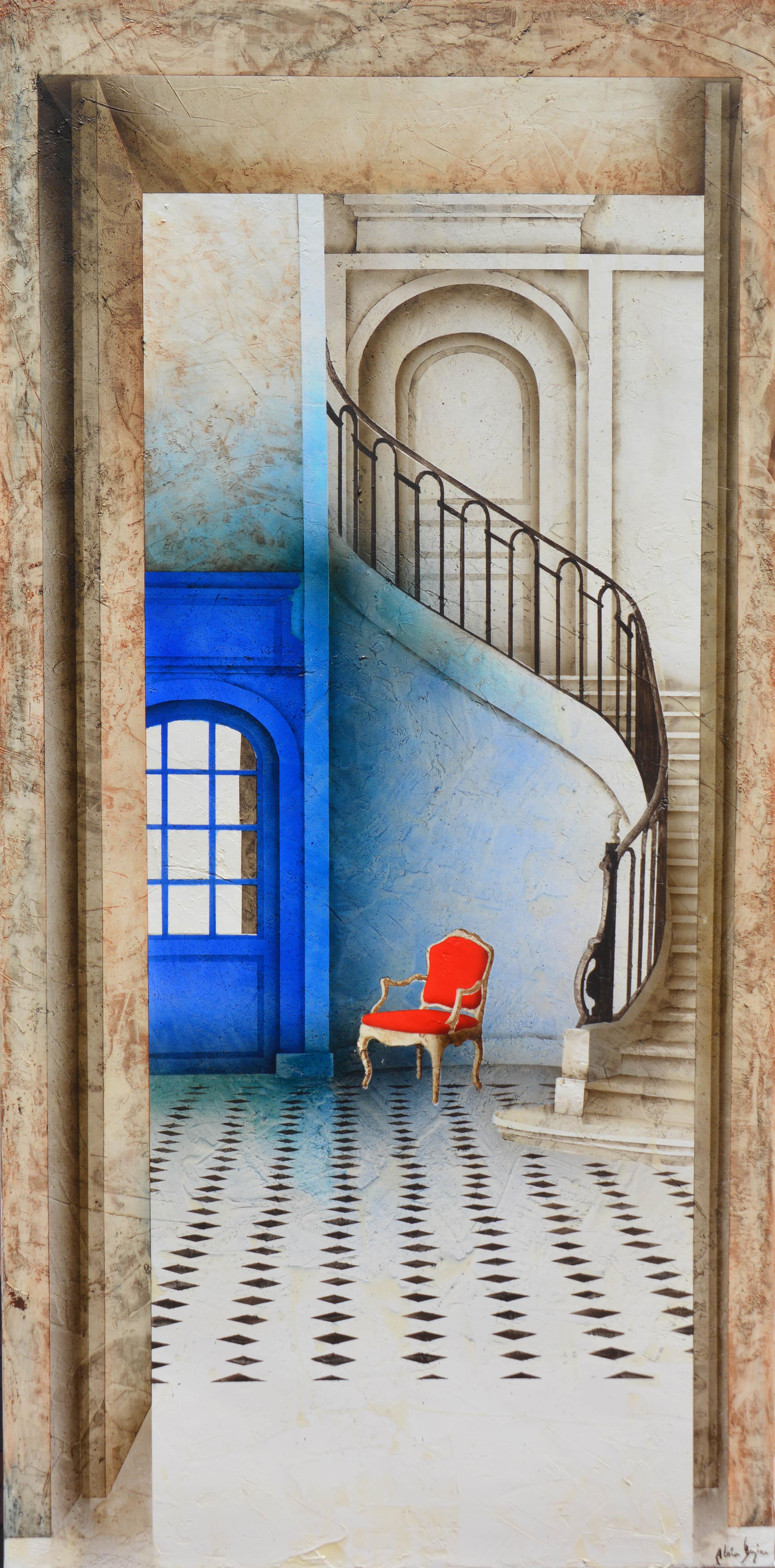 Alain Gazier Interior Painting - Contemporary painting of Architectural Interior by Gazier,  "Escalier bleu"