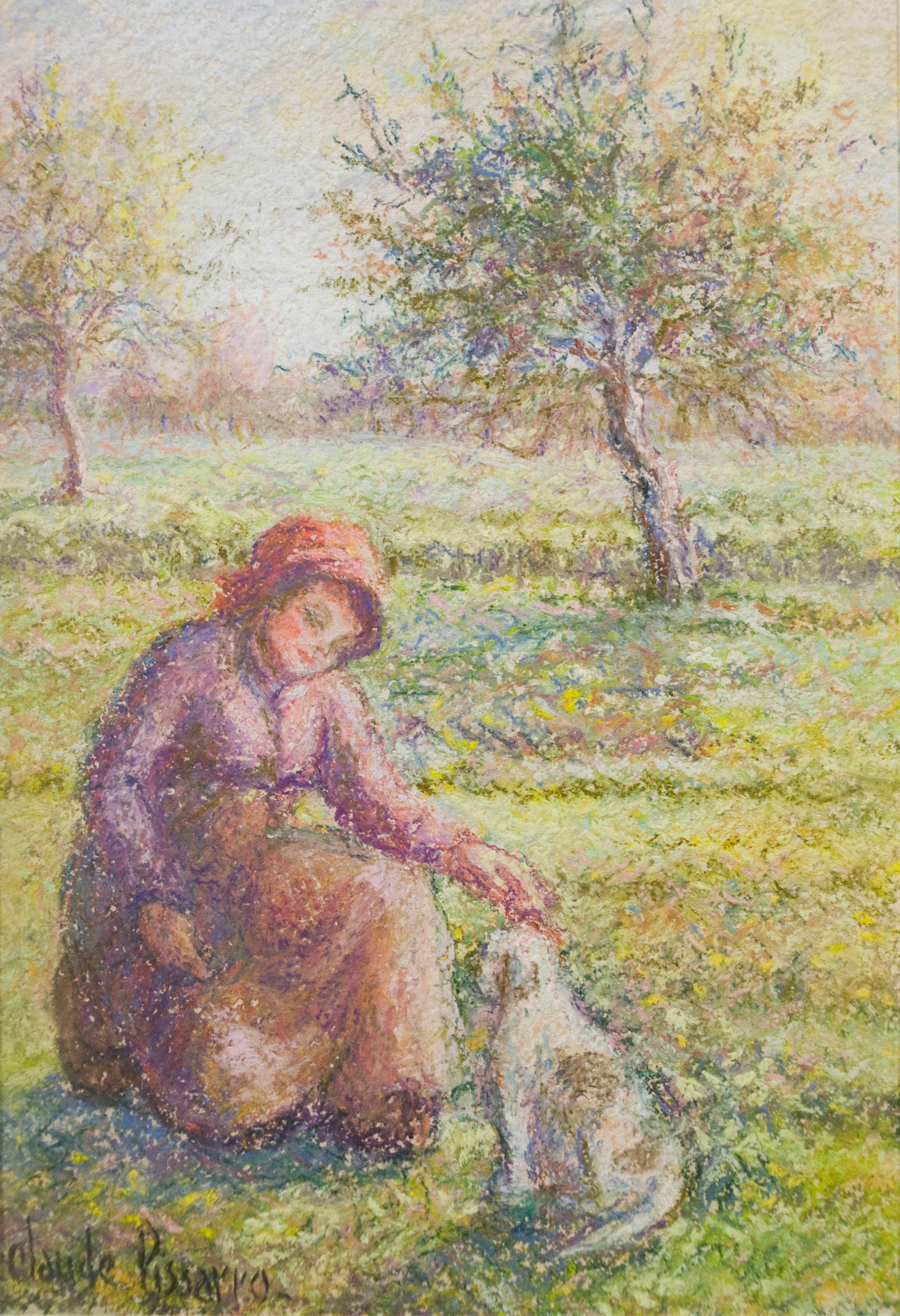 Hughes Claude Pissarro Landscape Art - French Impressionist Landscape by H.C. Pissarro, titled "A Girl and her Dog"