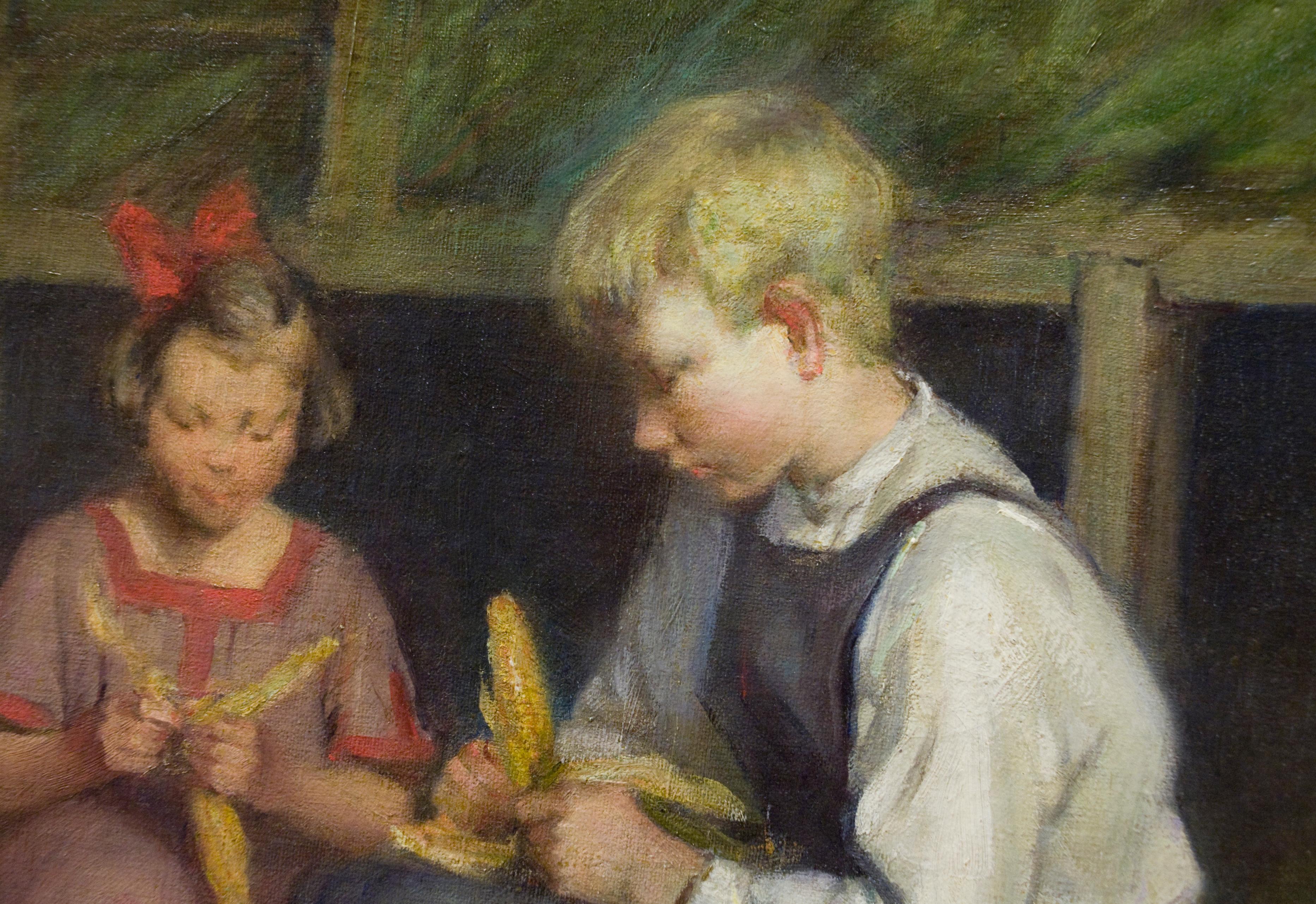 Two Children in a Barn - Painting by Agnes Richmond