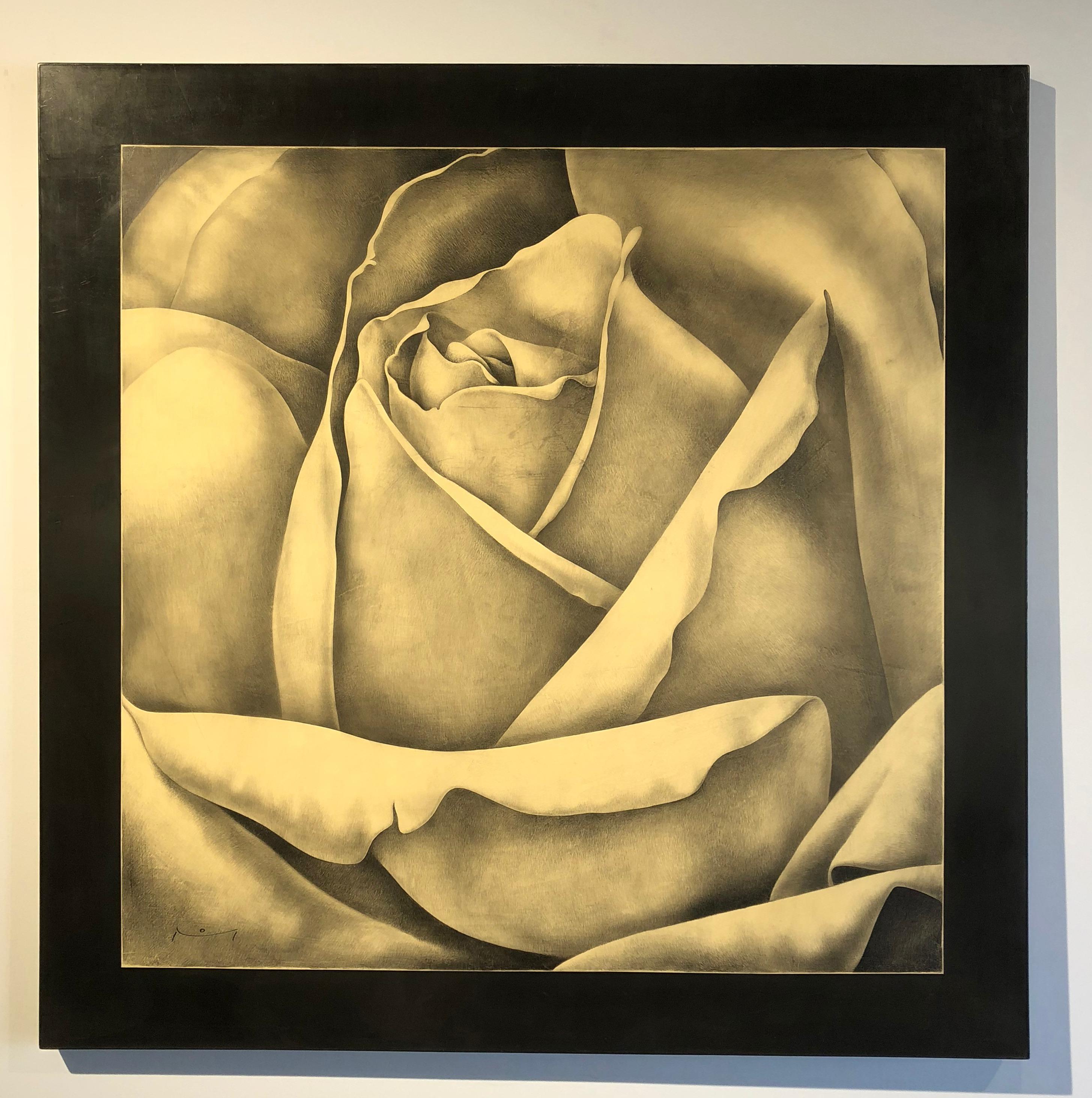 
This rose blossom (from the bee's point of view) is part of an extensive series featuring a broad, integral border of dark grey.  These pieces begin with a tonal sketch (graphite on paper) which is then mounted to a panel or canvas.  A final