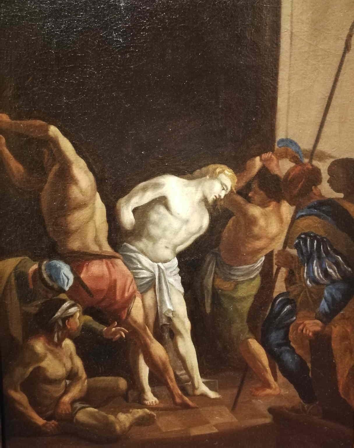 This painting represents the Flagellation by the Romans, an episode of the Passion of Christ that is mentioned in three of the Gospels: John, Mark and Matthew, and that was the usual prelude to crucifixion under Roman law.
At the center of the scene