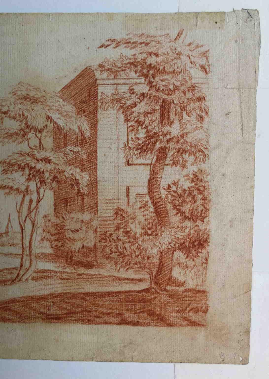 This drawing (sanguine on paper 21 x 33 cm) displays a garden with a monopteros, that is a circular colonnade supporting a roof but without any walls. 

It seems a typical British Romanticism park of the early 19 century.