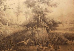 Flemish Landscape Animal drawing 19 century bistre paper