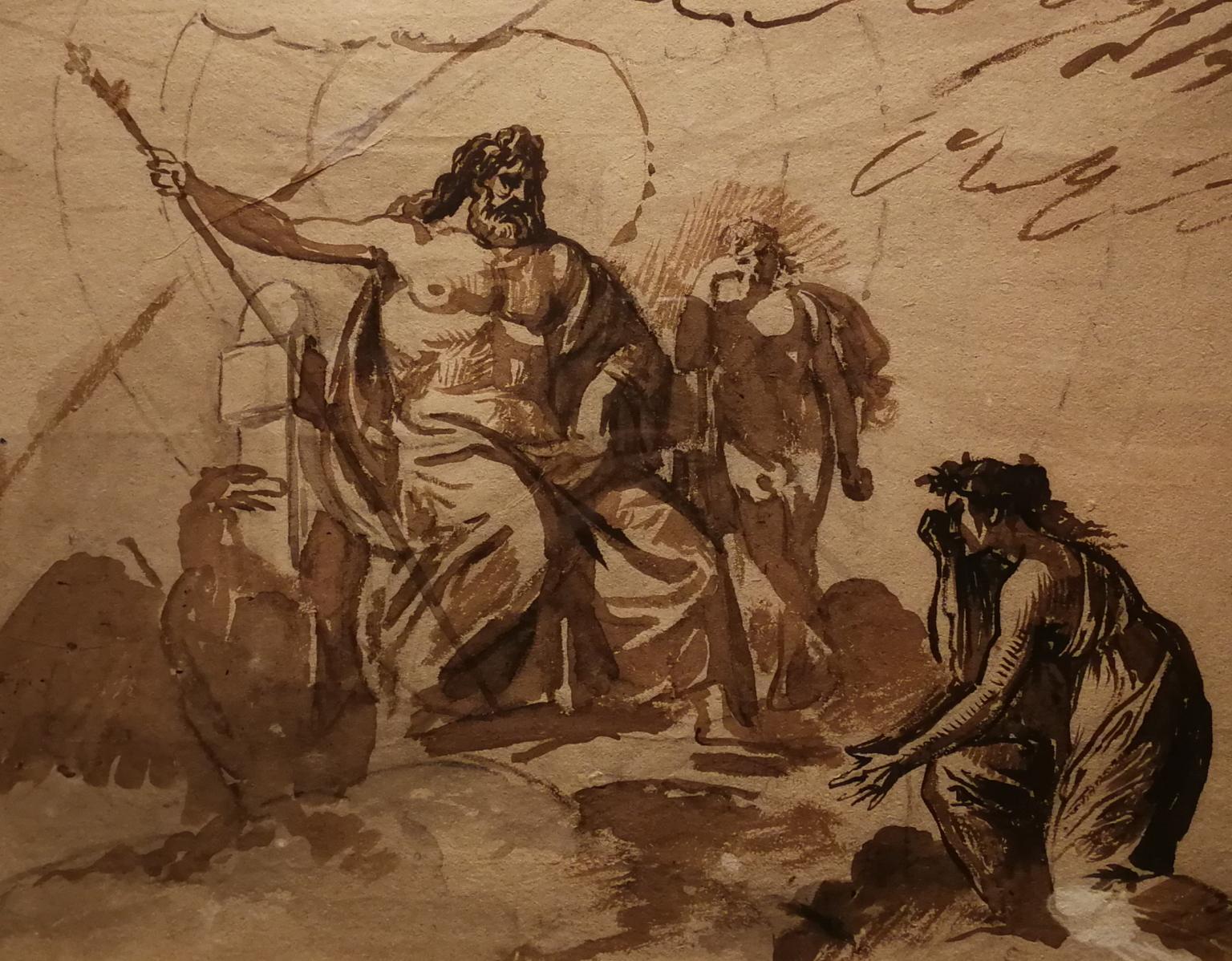 Drawing in ink, charcoal, watercolors and white lead on paper related to the series of studies for the decoration of the “Hercules Room” in Palazzo Pitti in Florence. 
It’s done by Pietro Benvenuti, Tuscan Artist hired for this commission at first
